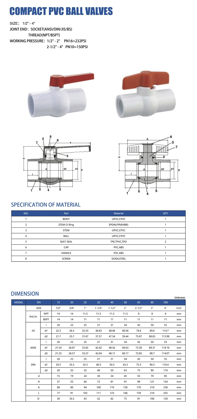 Pipe Fitting ASTM Pntek PPR UPVC PVC Compact Ball Valve