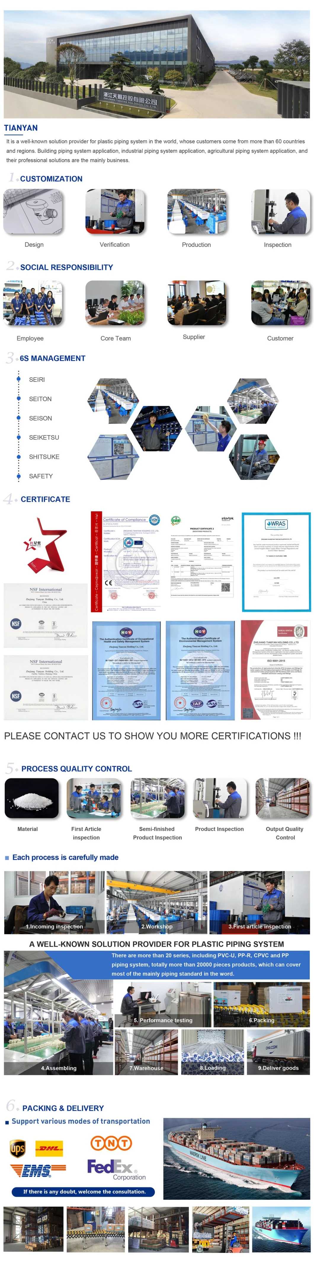 High Pressure Plastic Pipe/PVC Fitting Pn10 Pn16 F1970 Standard with Ce Certificate